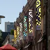 Colorful banners on buildings on Temple campus