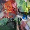 Paint smeared on a palette.