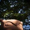 An owl statue with a tree behind it.