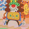 A gallery exhibition featuring walls covered in vibrant colors and bold patterns. In the center, a standing cutout of an animal character, painted in the same bright, playful style, has a painted clock on its body. The space feels dynamic and colorful, showcasing a fun, artistic atmosphere.