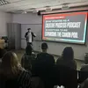 a visiting artist gives a lecture for Tyler students